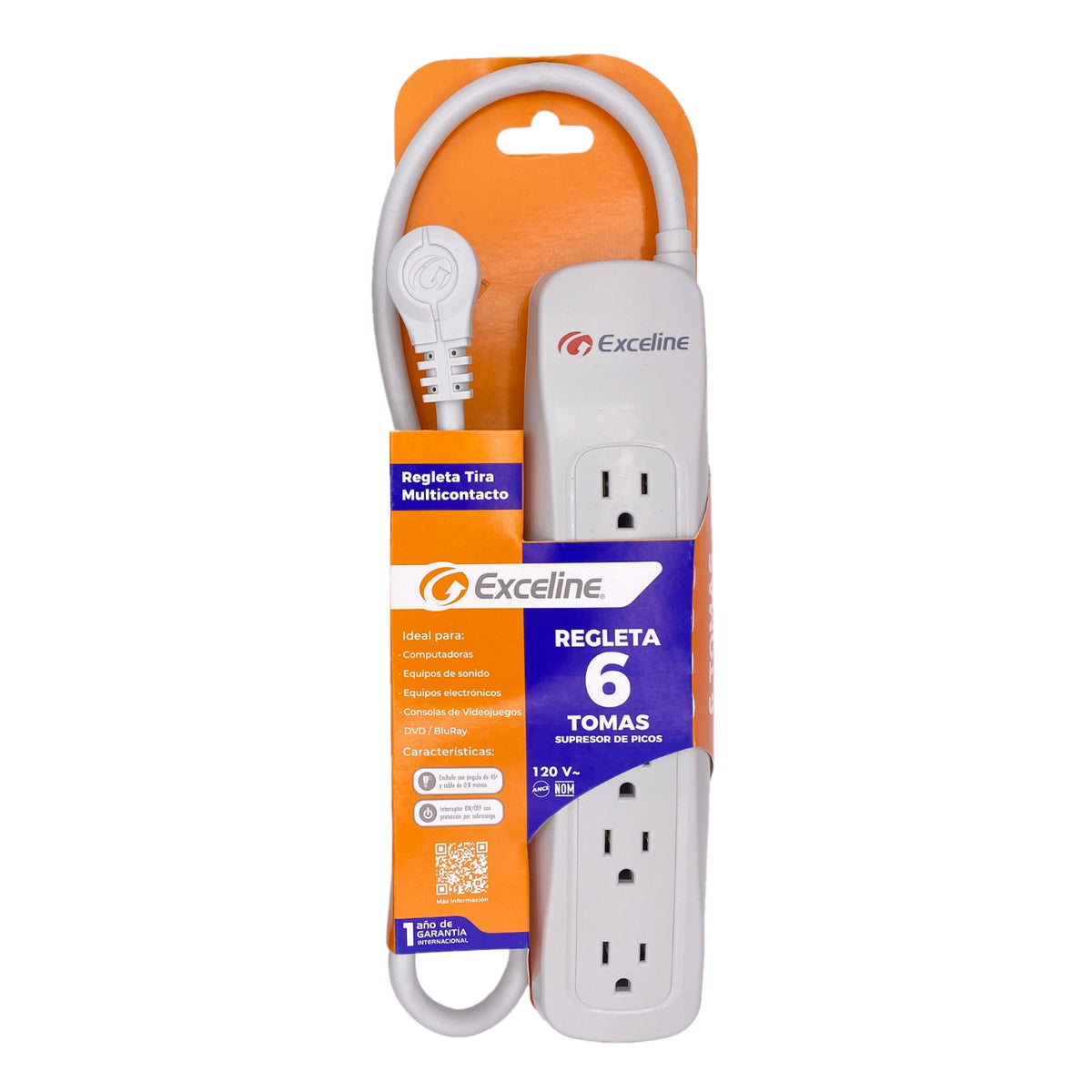 Regleta 6 tomas con Interruptor, Anti-Pico 450Jouls, 14AWG/3C, Blanco